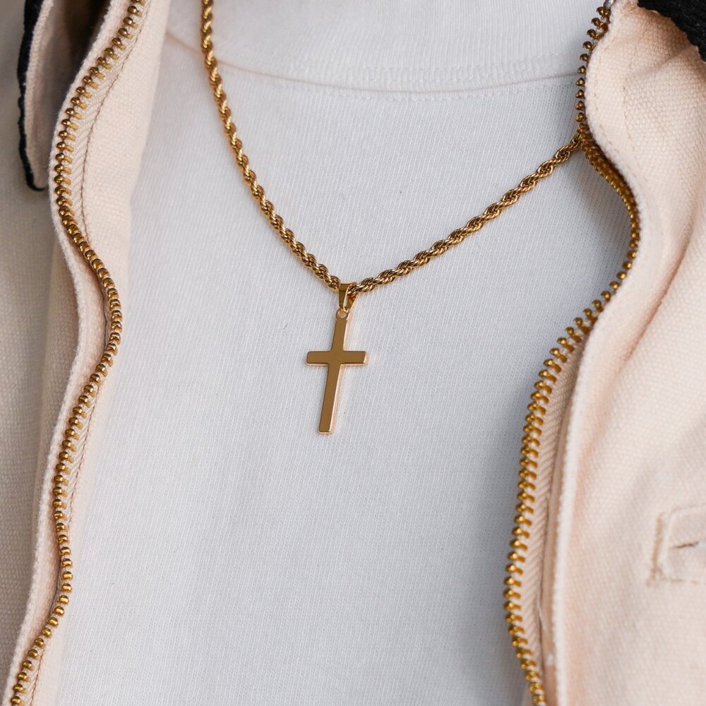 Gold Classic Cross Pendant Rope Chain Necklace